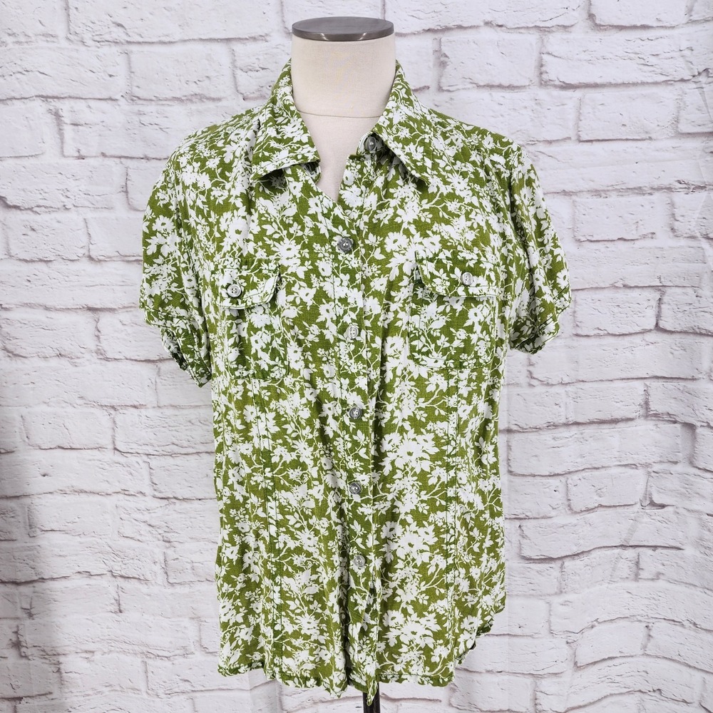 Liz Claiborne Linen Floal Top Summer Vacation Coastal Cottage Forest Earthy‎ 1X